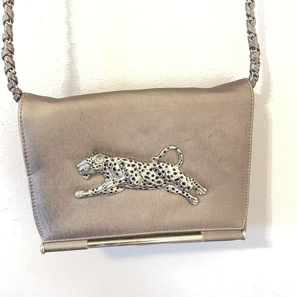 Vintage Nima Metal Cheetah Bag Silver Metallic Black Purse 80s Crossbody - Picture 3 of 7